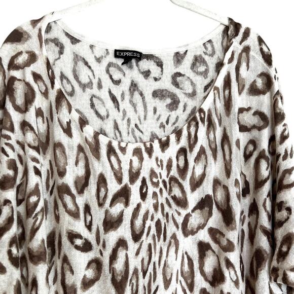 Express Womens Lightweight Sweater Large Ivory Tan Animal Print Ruched Side Tie - Picture 2 of 6